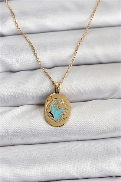 Mey İthalat® 316L Çelik Zincir Gold Renk Kelebek Figür Kadın Kolye