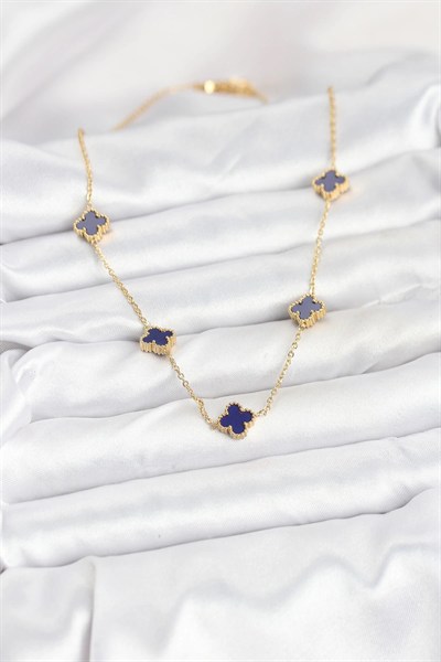 Mey İthalat® 316L Çelik Zincir Gold Renk Lacivert Baby Boy Yonca Kadın Kolye