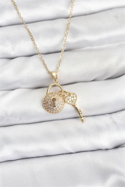 Mey İthalat® 316L Çelik Zincir Gold Renk Kilit Anahtar Model Zirkon Taşlı Kadın Kolye