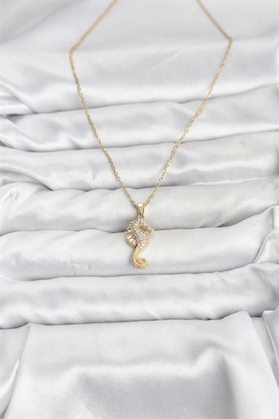 Mey İthalat® 316L Çelik Zincir Gold Renk Deniz Atı Model Zirkon Taşlı Kadın Kolye