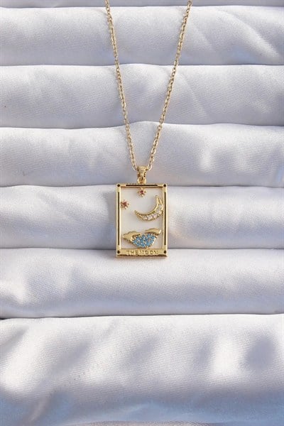 Mey İthalat® 316L Çelik Zincir Gold Renk Ay Detay Mavi Zirkon Taşlı Tarot Kolye