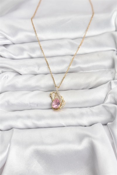 Mey İthalat® 316L Çelik Zincir Gold Renk Pembe Kuğu Model Zirkon Taşlı Kadın Kolye