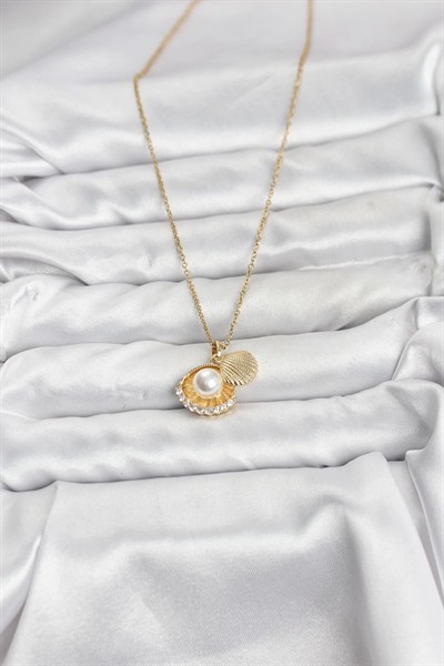 Mey İthalat® 316L Çelik Zincir Gold Renk İncili Deniz Kabuğu Model Zirkon Taşlı Kadın Kolye