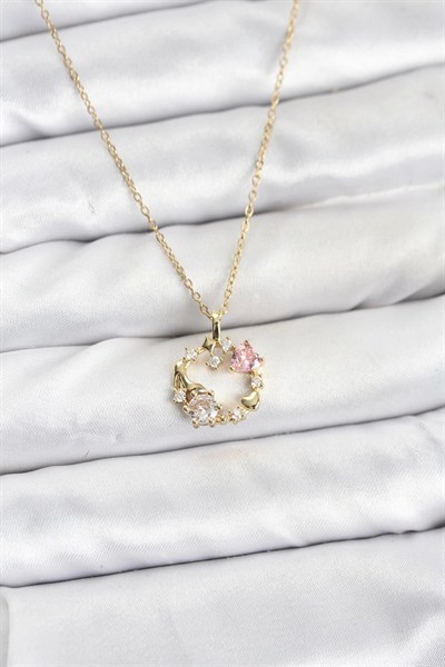 Mey İthalat® 316L Çelik Zincir Gold Renk Pembe Taş Detaylı Çelenk Model Kadın Kolye