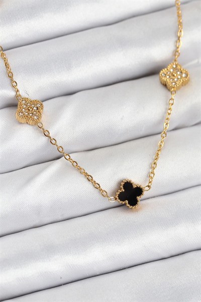 Mey İthalat® 316L Çelik Zincir Gold Renk Siyah ve Zirkon Taşlı Baby Boy Yonca Kadın Kolye