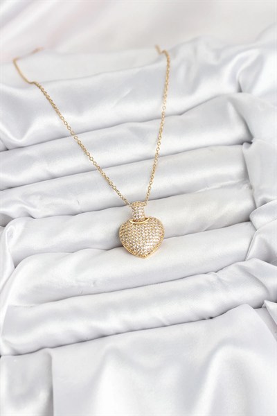 Mey İthalat® 316L Çelik Zincir Gold Renk Zirkon Taşlı Kalpli Kadın Kolye