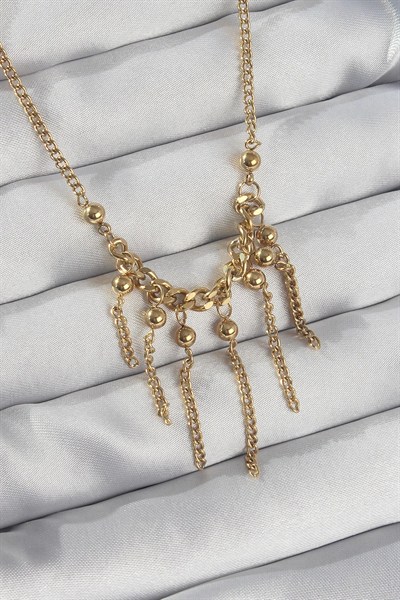 Mey İthalat® 316L Çelik Zincir Gold Renk Topçuk Detay Sallantılı Zincir Kolye