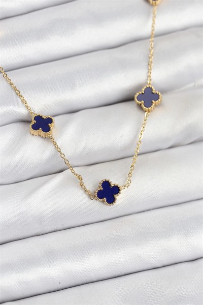 Mey İthalat® 316L Çelik Zincir Gold Renk Lacivert Baby Boy Yonca Kadın Kolye