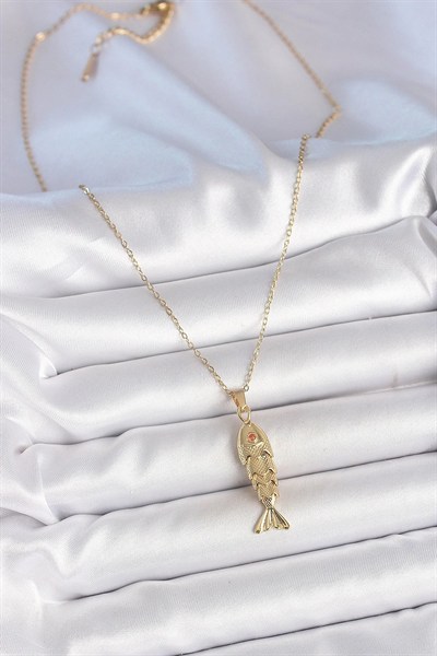 Mey İthalat® 316L Çelik Zincir Gold Renk Zirkon Taşlı Balık Figürlü Kolye