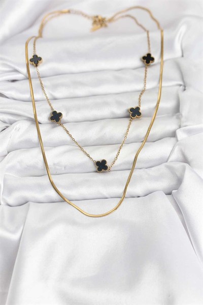 Mey İthalat® 316L Çelik Zincir Gold Renk İtalyan Zincirli Siyah Yonca Model Kadın Kolye