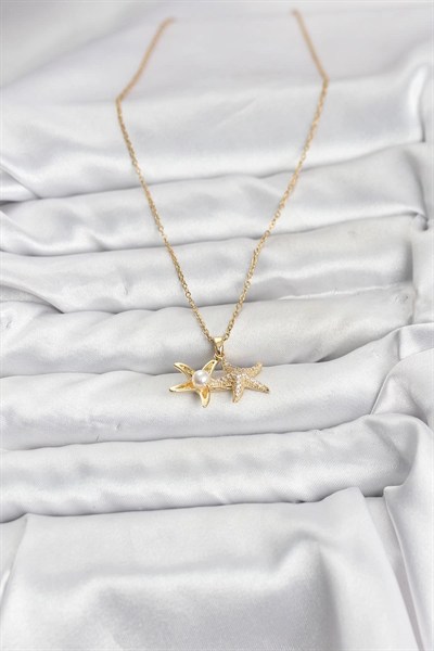Mey İthalat® 316L Çelik Zincir Gold Renk Deniz Yıldızı Model Zirkon Taşlı Kadın Kolye