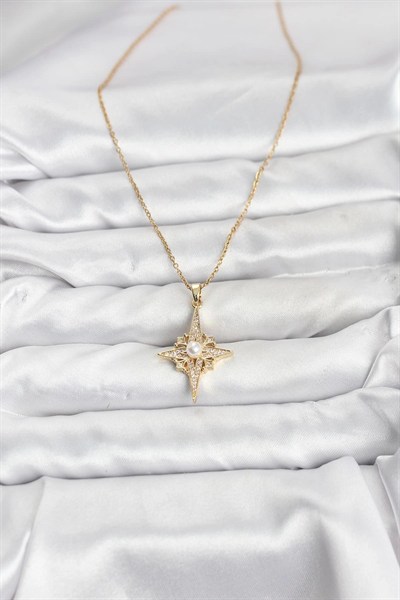 Mey İthalat® 316L Çelik Zincir Gold Renk Kutup Yıldızı Model Zirkon Taşlı Kadın Kolye