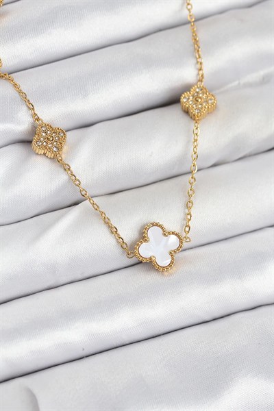 Mey İthalat® 316L Çelik Zincir Gold Renk Beyaz ve Zirkon Taşlı Yonca Kadın Kolye