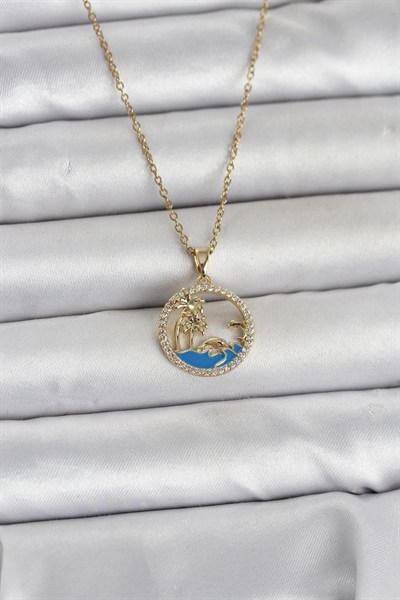 Mey İthalat® 316L Çelik Zincir Gold Renk Zirkon Taşlı Deniz Temalı Kadın Kolye