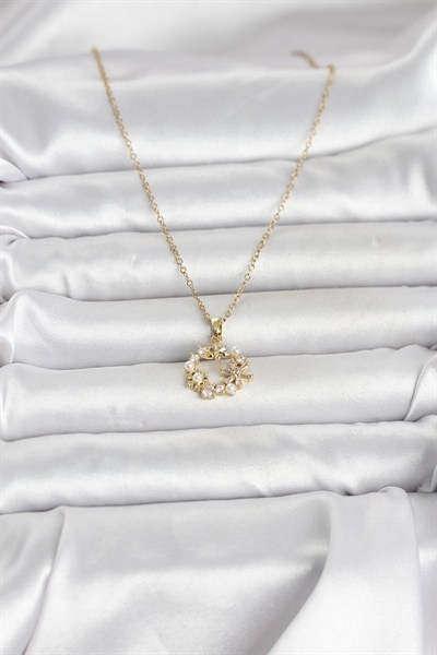 Mey İthalat® 316L Çelik Zincir Gold Renk İncili Çiçek Model Kadın Koyle