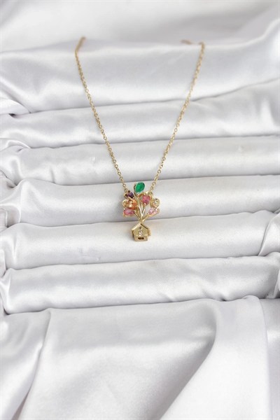 Mey İthalat® 316L Çelik Zincir Gold Renk Uçan Balon Ev Figür Kadın Kolye