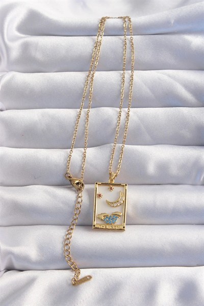 Mey İthalat® 316L Çelik Zincir Gold Renk Ay Detay Mavi Zirkon Taşlı Tarot Kolye