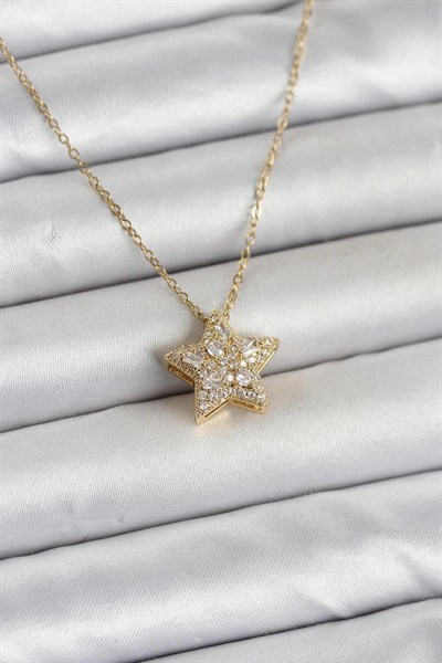 Mey İthalat® 316L Çelik Zincir Gold Renk Zirkon Taşlı Yıldız Model Kadın Kolye