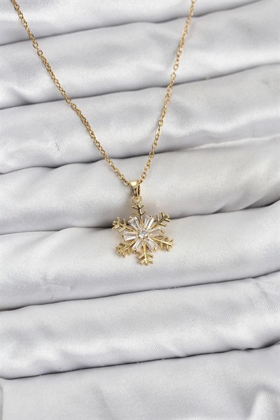 Mey İthalat® 316L Çelik Zincir Gold Renk Kar Tanesi Model Zirkon Taşlı Kadın Kolye