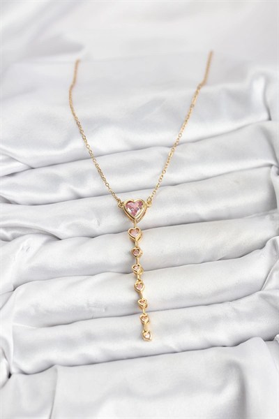 Mey İthalat® 316L Çelik Zincir Gold Renk Pembe Kalp Kadın Kolye