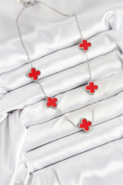 Mey İthalat® 316L Çelik Zincir Gümüş Kırmızı Renk Yonca Kadın Kolye