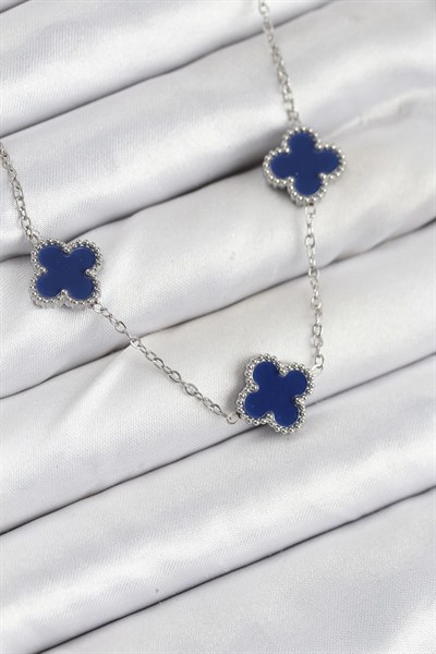 Mey İthalat® 316L Çelik Zincir Gümüş Lacivert Renk Yonca Kadın Kolye