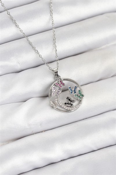 Mey İthalat® 316L Çelik Zincir Gümüş Renk Zirkon Taşlı Kelebekli Kadın Kolye