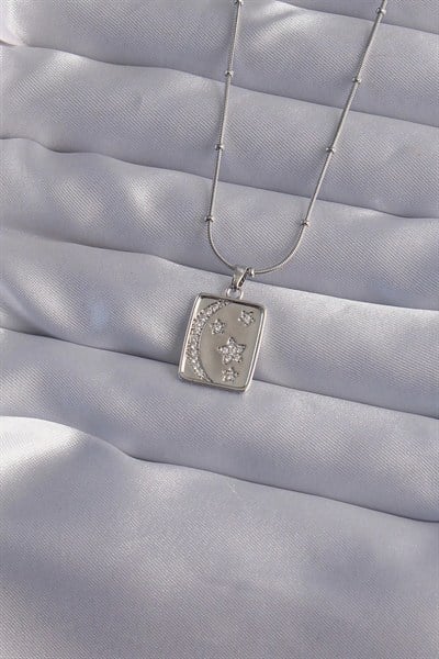 Mey İthalat® 316L Çelik Zincir Gümüş Renk Zirkon Taşlı Ay Yıldız Figürlü Tarot Kolye