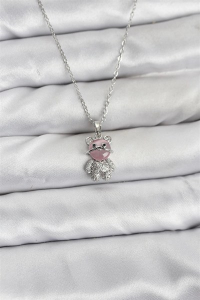 Mey İthalat® 316L Çelik Zincir Gümüş Renk Teddy Bear Model Zirkon Taşlı Kadın Kolye