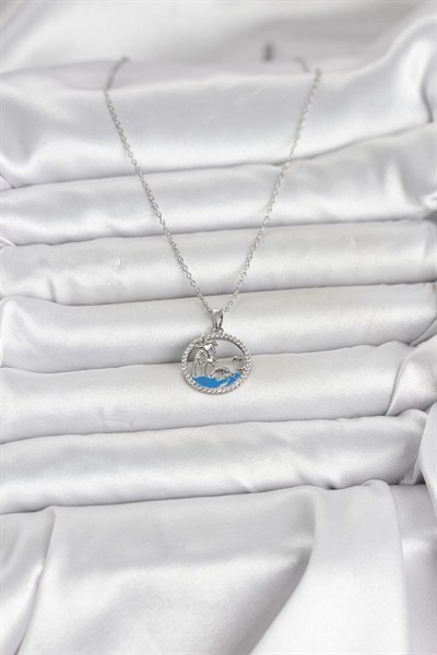 Mey İthalat® 316L Çelik Zincir Gümüş Renk Zirkon Taşlı Deniz Temalı Kadın Kolye