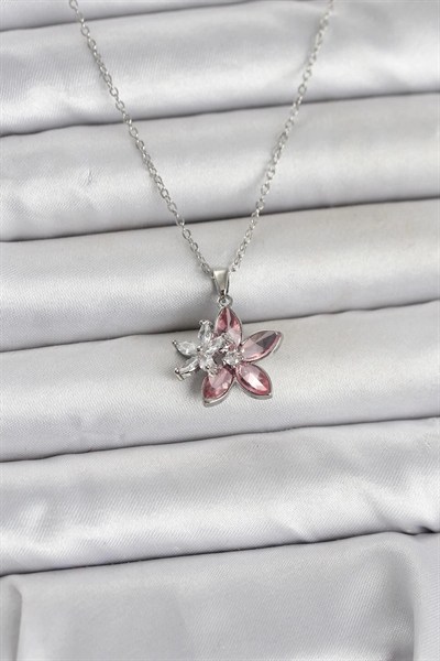 Mey İthalat® 316L Çelik Zincir Gümüş Renk Pembe Lotus Model Kadın Kolye