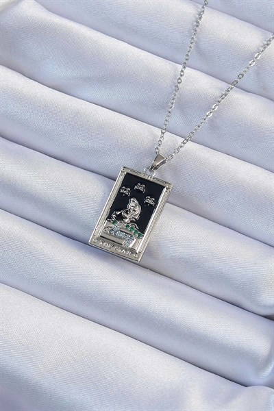 Mey İthalat® 316L Çelik Zincir Gümüş Renk Zirkon Taşlı Siyah Mineli Kız Figürlü Tarot Kolye