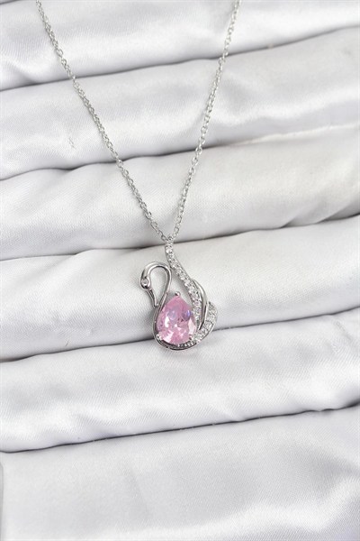 Mey İthalat® 316L Çelik Zincir Gümüş Renk Pembe Kuğu Model Zirkon Taşlı Kadın Kolye