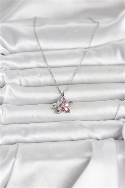 Mey İthalat® 316L Çelik Zincir Gümüş Renk Pembe Lotus Model Kadın Kolye