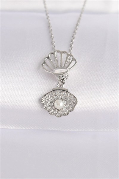 Mey İthalat® 316L Çelik Zincir Gümüş Renk Zirkon Taşlı İnci Detay İstiridye Kolye