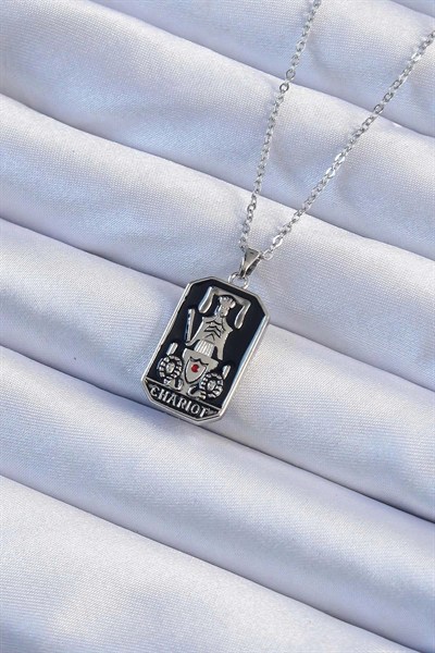 Mey İthalat® 316L Çelik Zincir Gümüş Renk Siyah Mineli Tarot Kolye