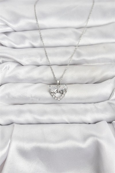 Mey İthalat® 316L Çelik Zincir Gümüş Renk Kalp ve Fiyonk Model Zirkon Taşlı Kadın Kolye