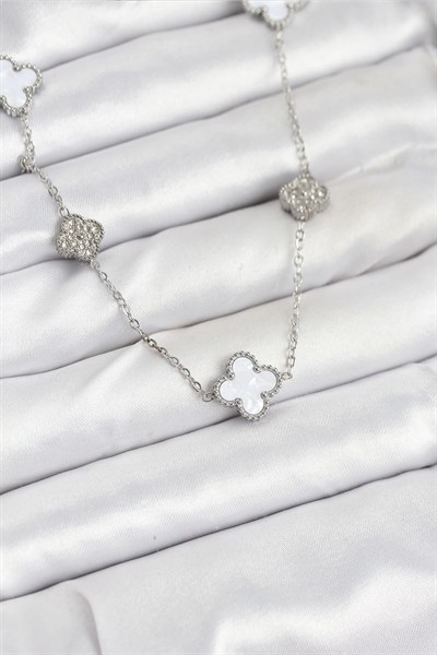 Mey İthalat® 316L Çelik Zincir Gümüş Renk Beyaz ve Zirkon Taşlı Yonca Kadın Kolye