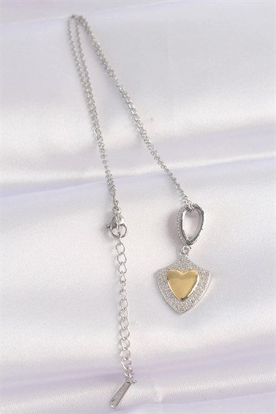 Mey İthalat® 316L Çelik Zincir Gümüş Renk Zirkon Taşlı Tasarım Altın Renk Kalp Kolye