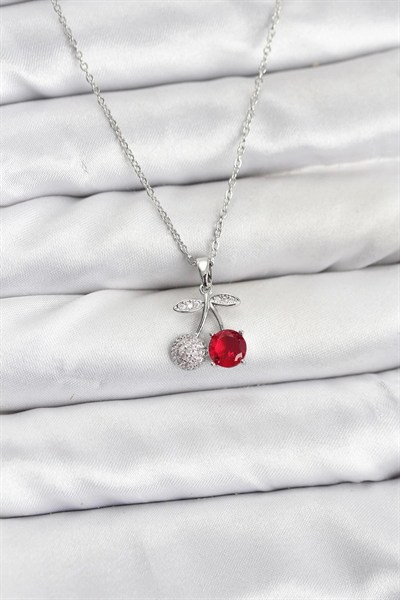 Mey İthalat® 316L Çelik Zincir Gümüş Renk Kiraz Model Zirkon Taşlı Kadın Kolye