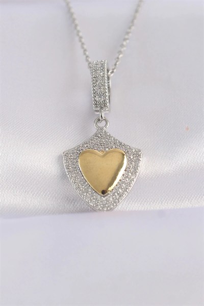 Mey İthalat® 316L Çelik Zincir Gümüş Renk Zirkon Taşlı Tasarım Altın Renk Kalp Kolye