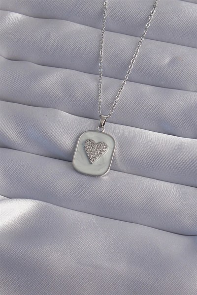 Mey İthalat® 316L Çelik Zincir Mermer Desenli Gümüş Renk Zirkon Taşlı Kalp Model Kolye