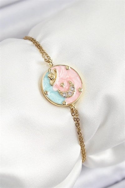 Mey İthalat® 316L Çelik Zincir Mineli Sanatsal Portre Zirkon Taşlı Gezegen Model Gold Renk Kadın Bileklik