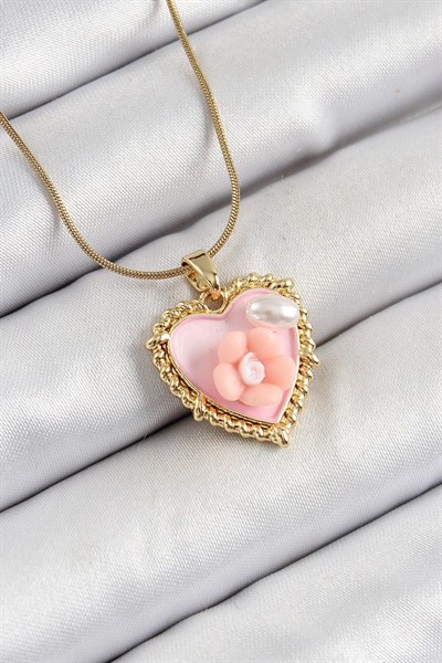 Mey İthalat® 316L Çelik Zincir Pembe Sanatsal Portre İnci Detaylı Papatya Figürlü Kalp Model Gold Renk Kadın Kolye