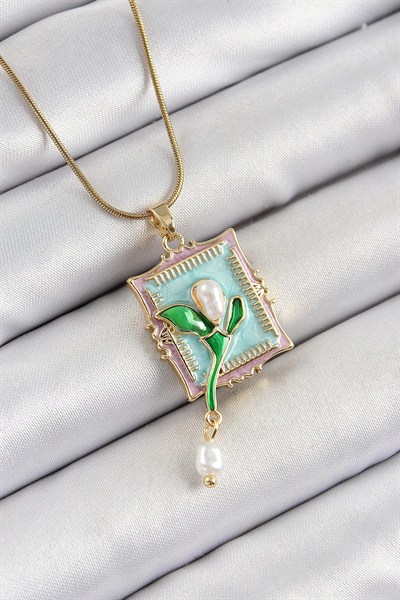 Mey İthalat® 316L Çelik Zincir Turkuaz Sanatsal Portre Sallantılı İnci Detaylı Lale Model Gold Renk Kadın Kolye