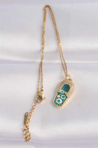 Mey İthalat® 316L Çelik Zincir Zirkon Taşlı Altın Renk Nazarlı Terlik Tasarımlı Kolye