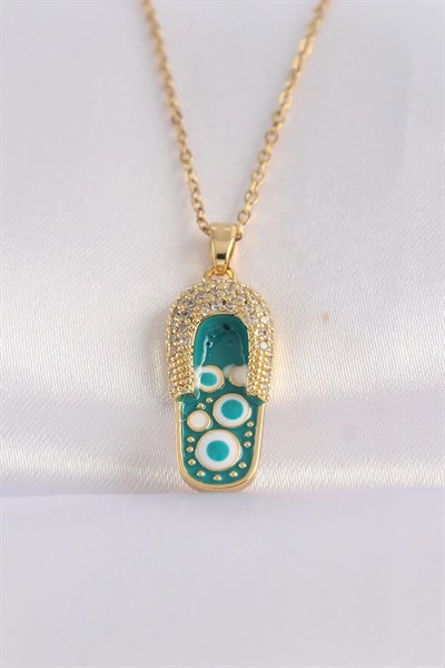 Mey İthalat® 316L Çelik Zincir Zirkon Taşlı Altın Renk Nazarlı Terlik Tasarımlı Kolye