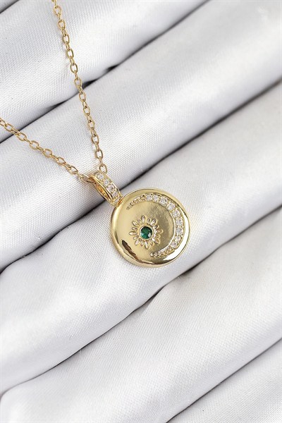 Mey İthalat® 316L Çelik Zirkon Taşlı Ay Ve Güneş Model Gold Renk Kadın Kolye