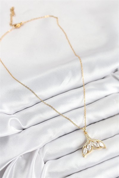 Mey İthalat® 316L Çelik Zirkon Taşlı Balık Kuyruğu Model Gold Renk Kadın Kolye