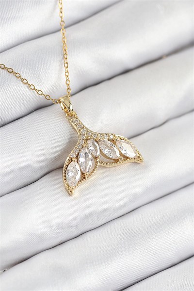 Mey İthalat® 316L Çelik Zirkon Taşlı Balık Kuyruğu Model Gold Renk Kadın Kolye